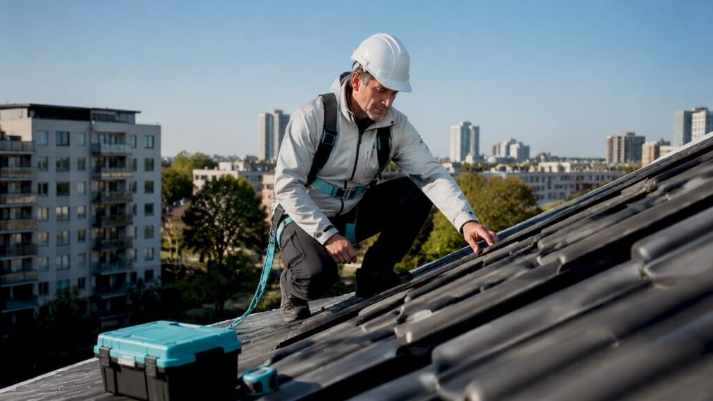 Dakinspecteur controleert schuine dak voor plaatsing zonnepanelen