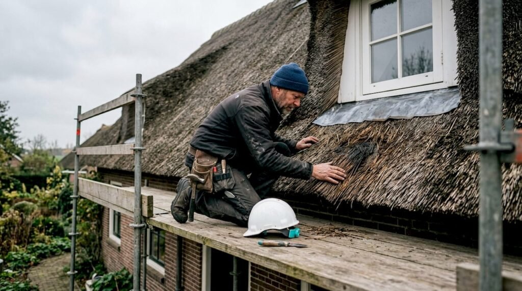 Een dakdekker controleert de staat van de dakpannen op een typisch Nederlands huis.