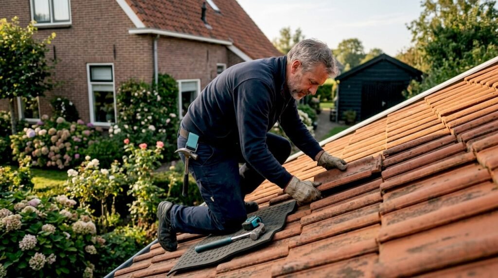 Een dakdekker controleert het pannendak tijdens een grondige inspectie.