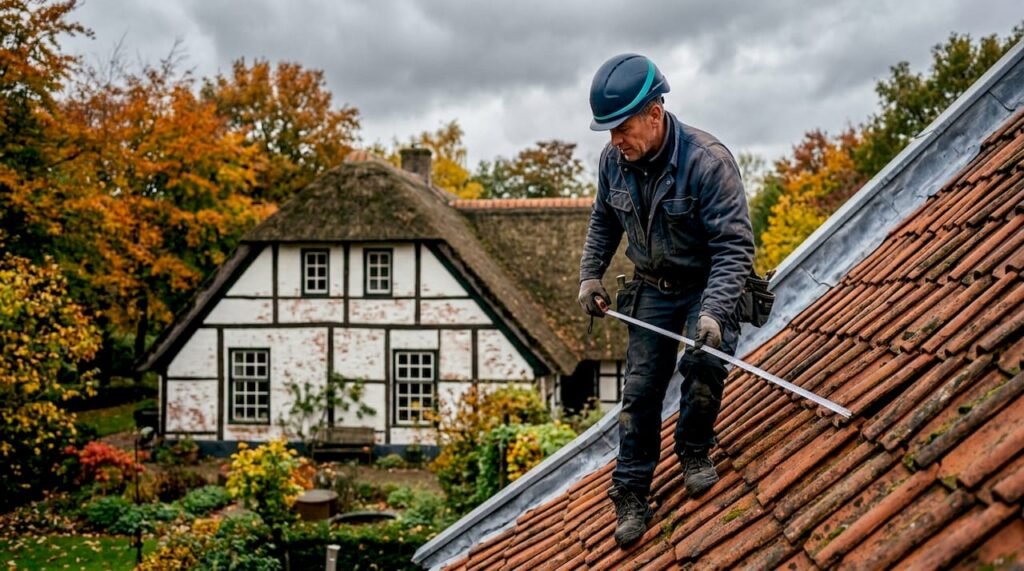 Een dakdekker controleert het pannendak van een typisch Nederlandse woning.