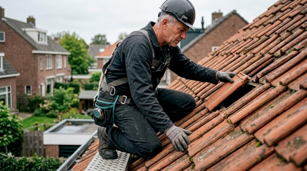 Een dakdekker controleert de staat van de keramische dakpannen op een woning.
