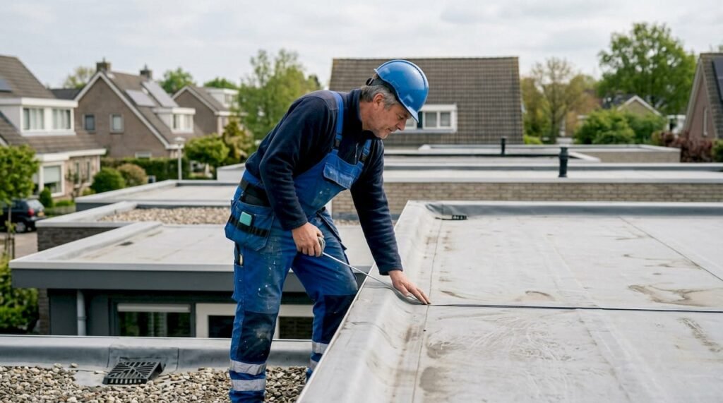 Een dakdekker controleert het platte dak van een woning in een typisch Nederlandse wijk.