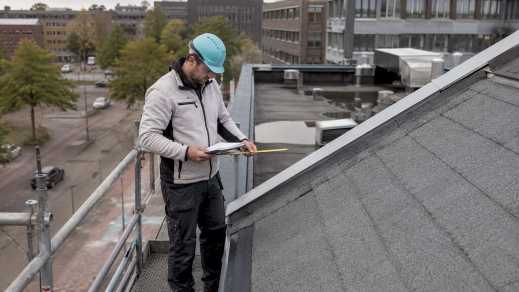 Een dakdekker controleert het bedrijfsdak grondig op brandveiligheid.
