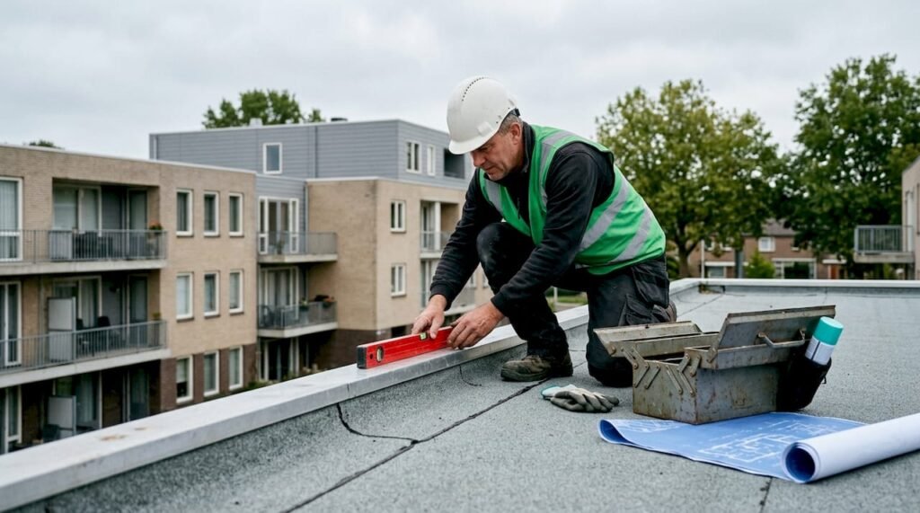 Dakdekker voert inspectie uit op VvE-dak te midden van herfstkleuren