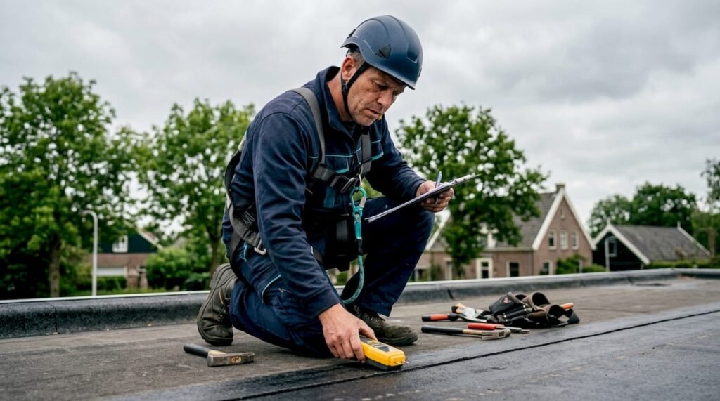 Dakdekker controleert het platte dak van een bedrijfspand