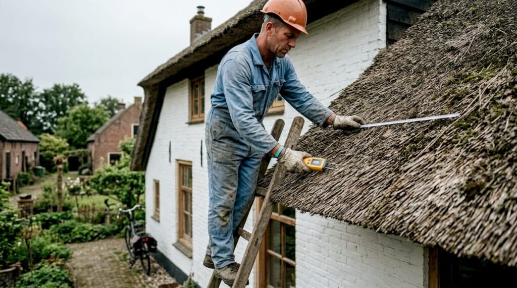 Een ervaren dakdekker controleert het karakteristieke rieten dak zorgvuldig op eventuele gebreken.