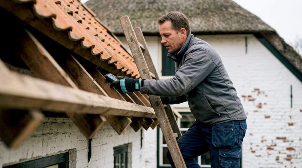 Een dakdekker controleert de koude dakconstructie van een woning.