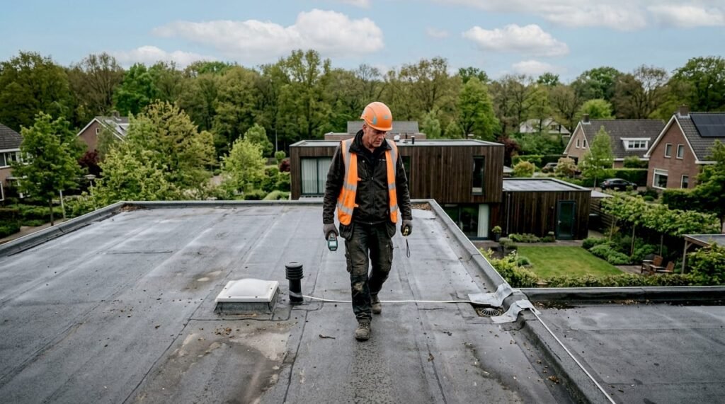 Een dakdekker controleert het EPDM-dak van een woning op eventuele problemen.