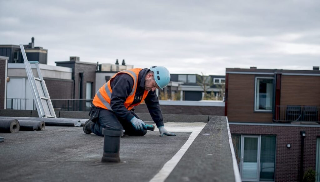 Een dakdekker voert een inspectie uit op het platte dak van een Nederlandse woning.
