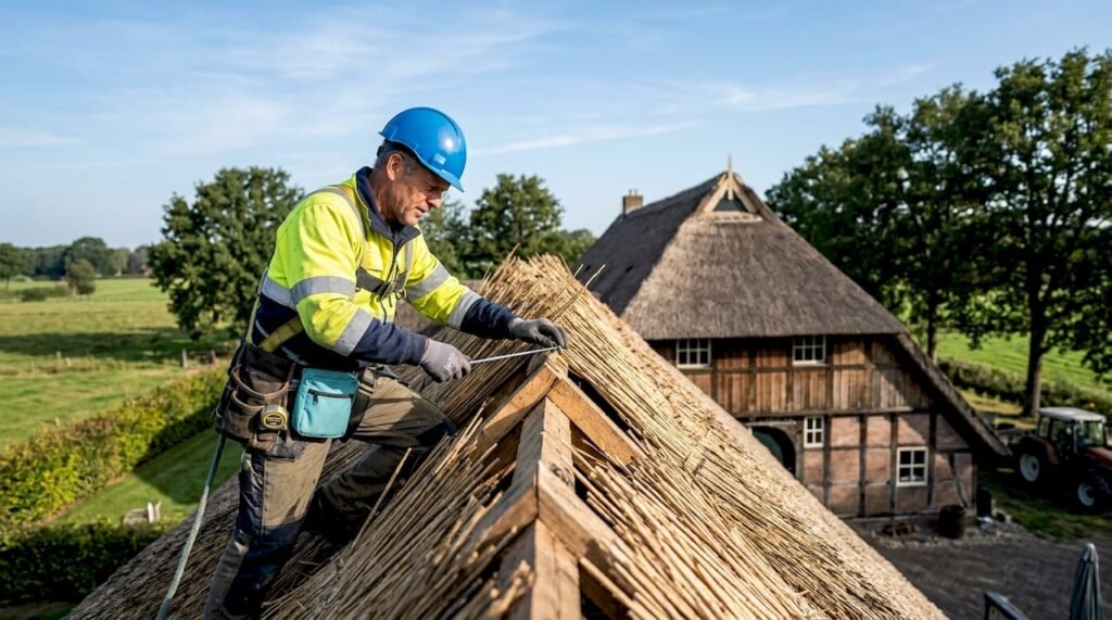 Een dakdekker bekijkt de staat van het dak bij een typisch Nederlands huis.