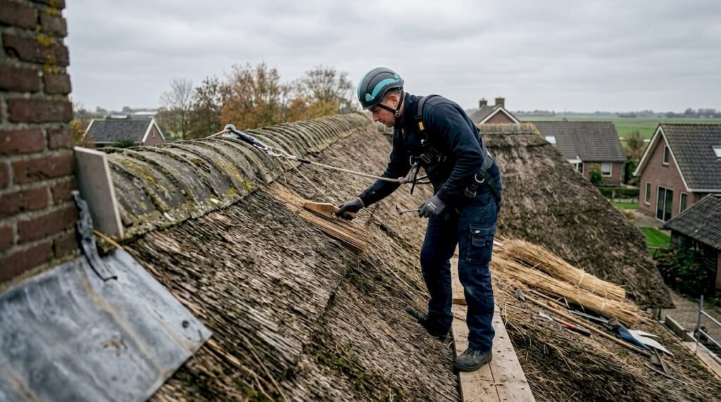 Een dakdekker controleert het dak van een traditionele Nederlandse woning.