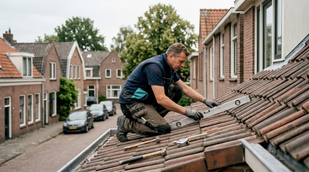 Een dakdekker controleert het pannendak van een woning in een rustige buurt.