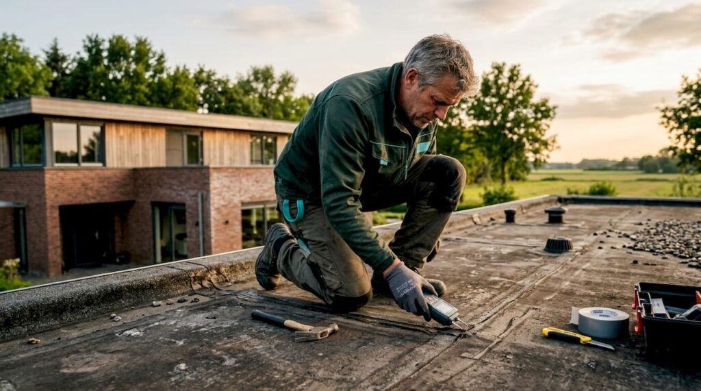 Een dakdekker inspecteert het platte dak van een bedrijfspand in Nederland.
