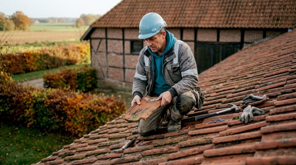 Een dakdekker controleert het pannendak van een typisch Nederlands huis.