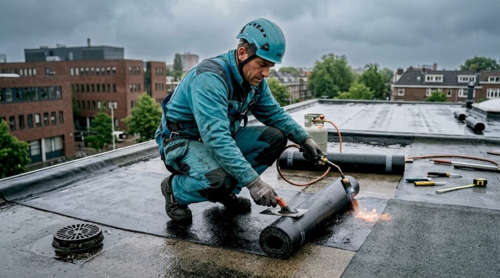 Een dakdekker zorgt voor een waterdichte laag op een plat dak.