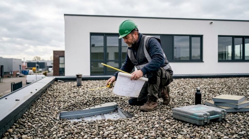 Een dakdekker controleert het omgekeerde platte dak grondig op eventuele gebreken.