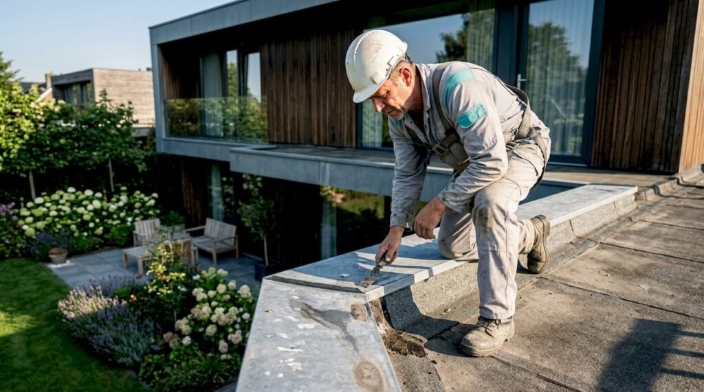 Een dakdekker controleert de zinken afwerking van de dakrand aan de buitenzijde.