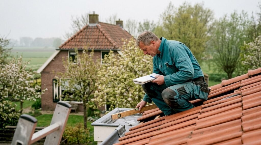 Een dakdekker controleert het schuine pannendak van een woonhuis.