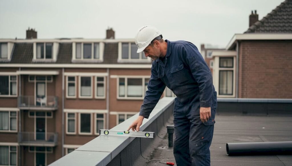 Een dakdekker voert een grondige controle uit van het dak van een appartementencomplex.