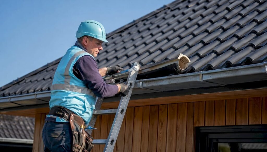 Een dakdekker komt de dakgoten vervangen bij een tussenwoning.