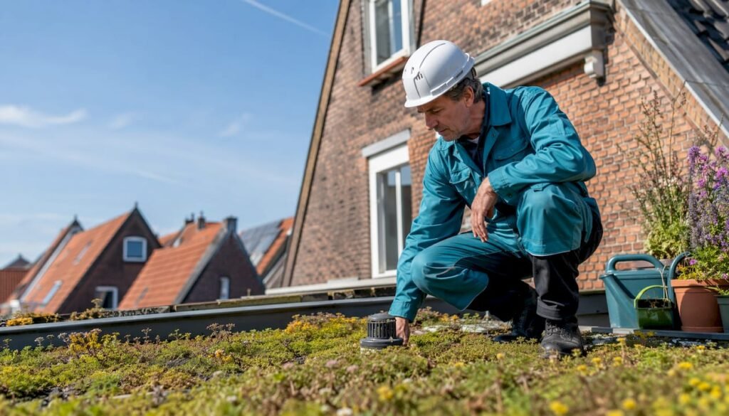 Een dakdekker controleert een milieuvriendelijk EPDM dak op zijn kwaliteit.