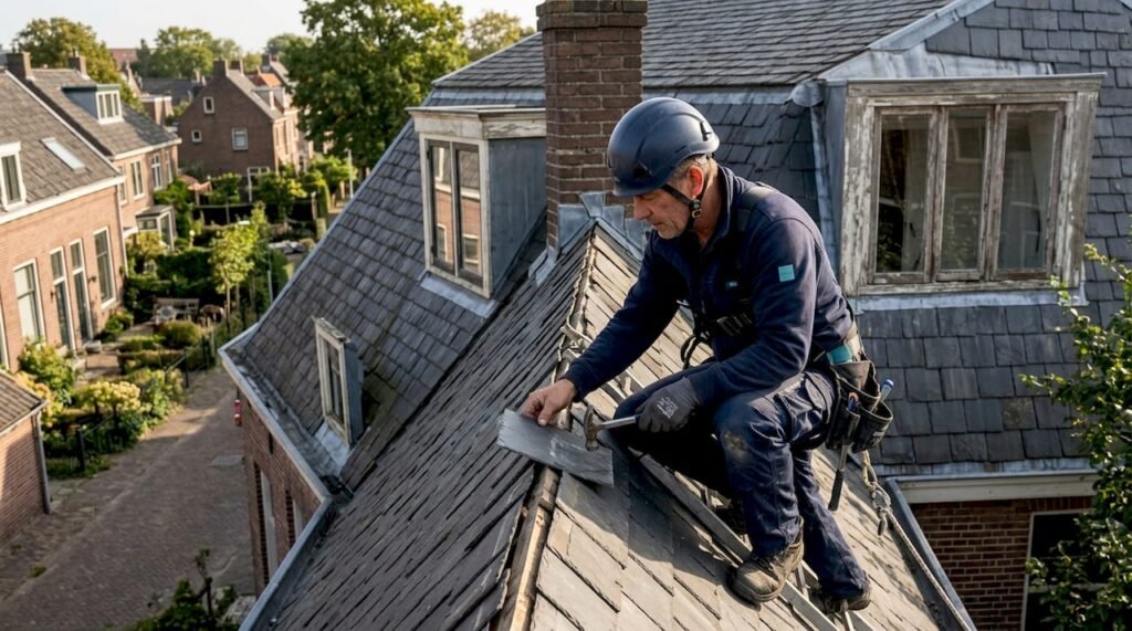 Een dakdekker controleert het mansardedak van een woning op eventuele gebreken.