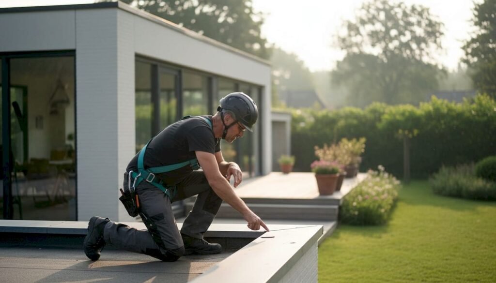 Een dakdekker controleert de staat van het pannendak tijdens een inspectie.