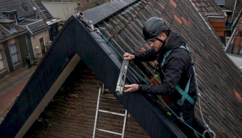 Een dakdekker controleert het wolfseind van het dak nauwkeurig met een waterpas.
