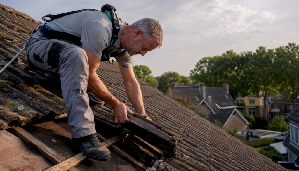 Een ervaren dakdekker controleert zorgvuldig het pannendak van een typisch Nederlands huis.