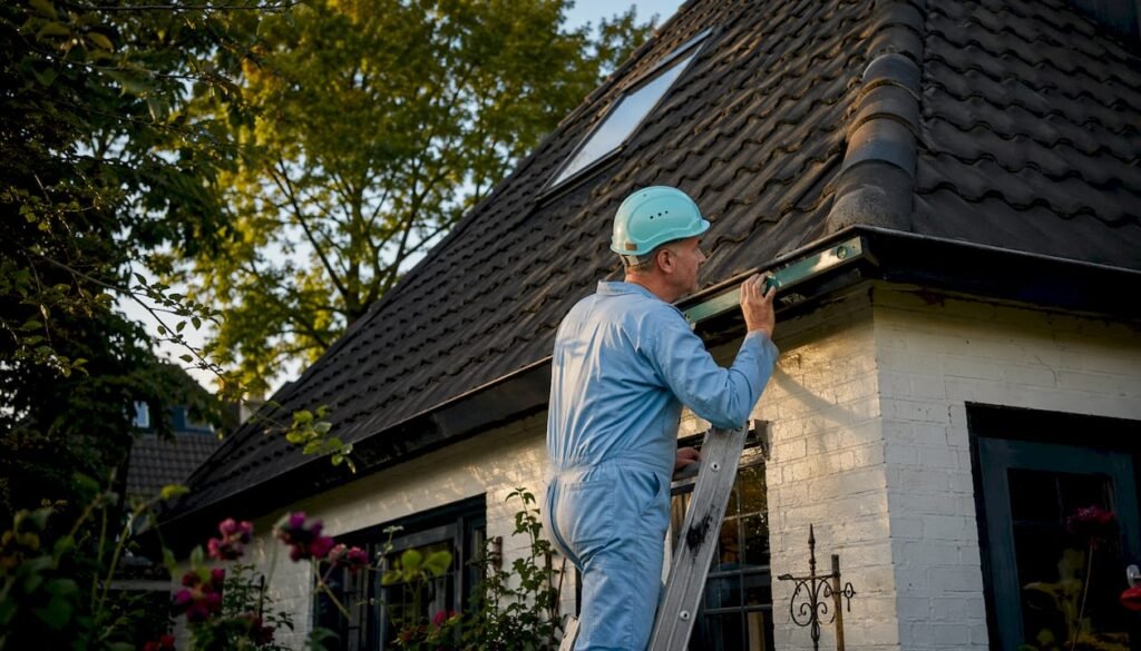 Een dakdekker controleert het schilddak van de woning op eventuele gebreken.