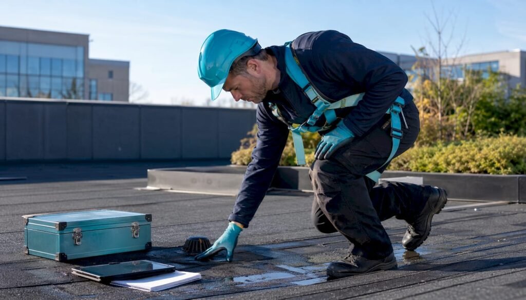 De technisch beheerder controleert het platte dak op eventuele gebreken.