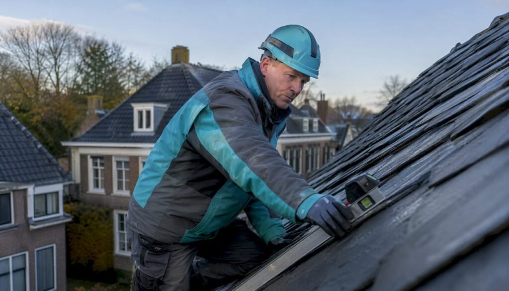 Een ervaren dakdekker bekijkt een typisch Nederlands pannendak om de staat ervan te beoordelen.