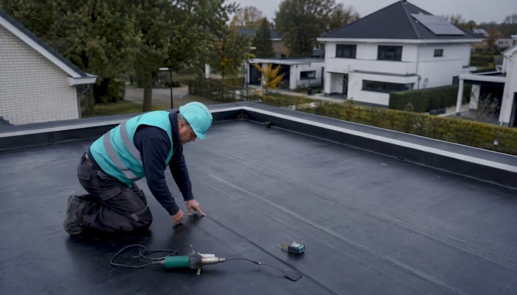 Een dakdekker bekijkt de staat van de PVC-dakbedekking op een woning.