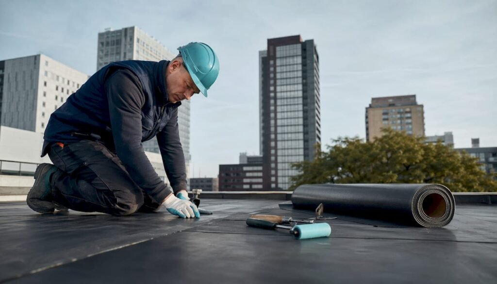 Een dakdekker controleert de EPDM dakbedekking op het bedrijfsdak op eventuele gebreken.
