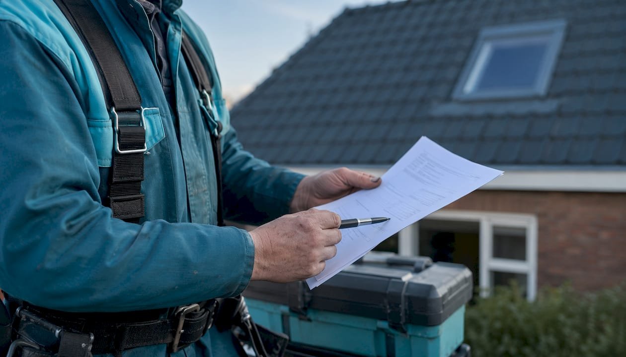De dakdekker loopt samen met de klant de offerte door en licht de details toe.