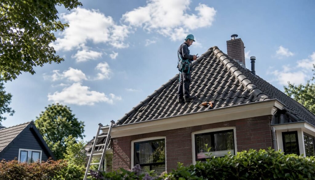 Een dakdekker komt langs om het pannendak bij ons thuis te controleren.