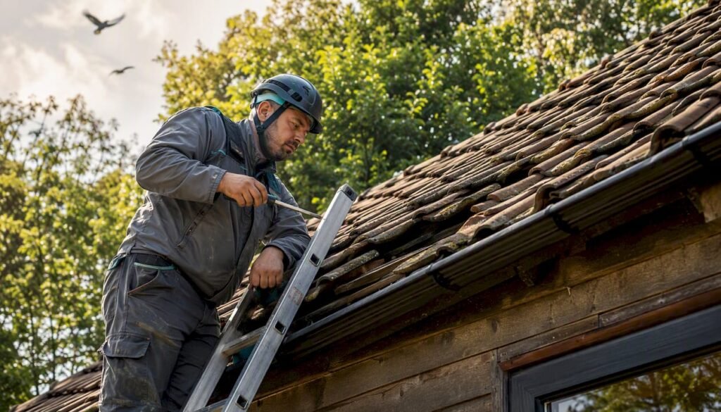 Een dakdekker controleert het pannendak op een lichtbewolkte dag.
