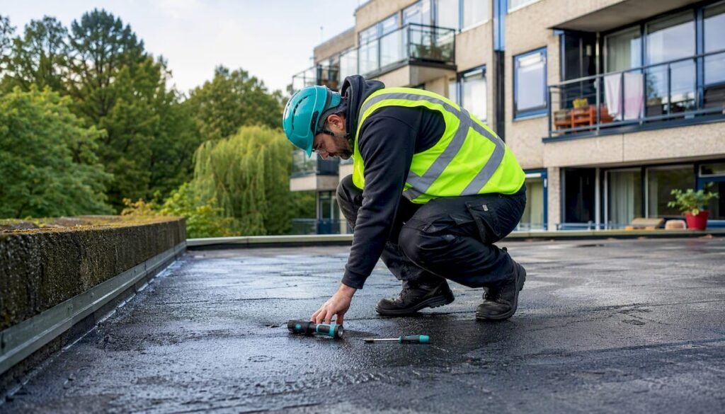 Een dakdekker controleert het VvE-dak tijdens een visuele inspectie.