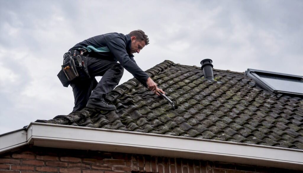 Een dakdekker controleert het dak van een typisch Nederlands huis.