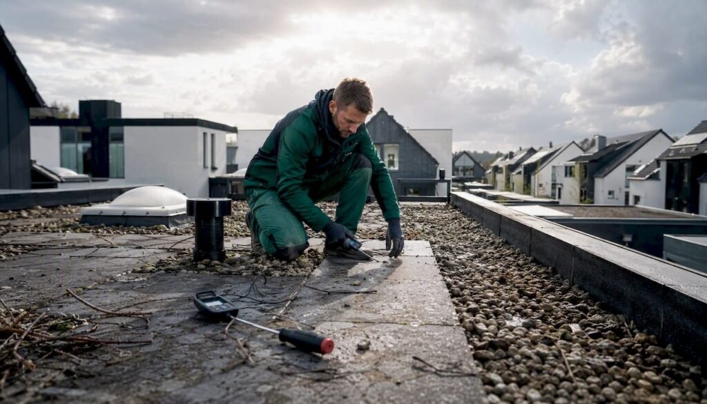 Een dakdekker controleert de ballast op het platte dak om te kijken of alles nog in orde is.