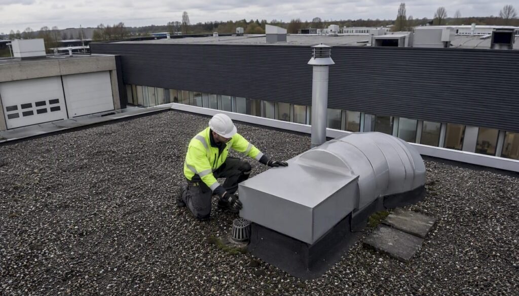Een dakdekker voert een inspectie uit op het platte dak van een bedrijfspand.
