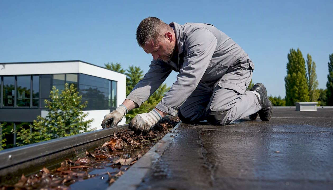 In de herfst haalt de dakdekker de bladeren uit de dakgoot om verstoppingen te voorkomen.