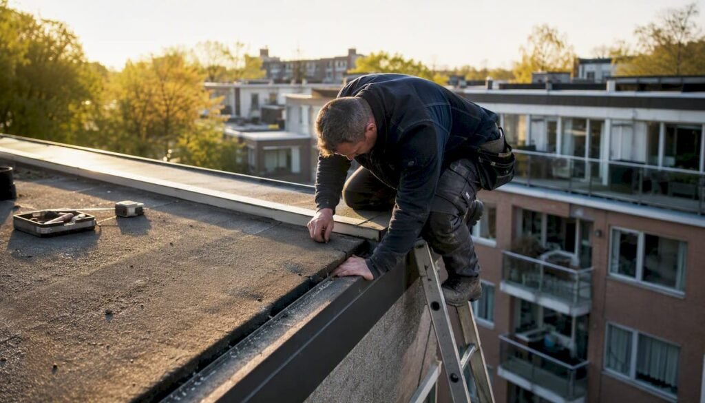 Dakdekker controleert het platte dak van een appartementencomplex.