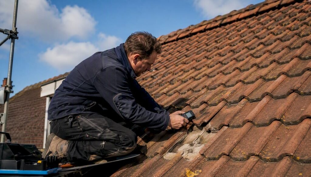 Een dakdekker bekijkt een woonhuis waar het dak lekt om de oorzaak te achterhalen.