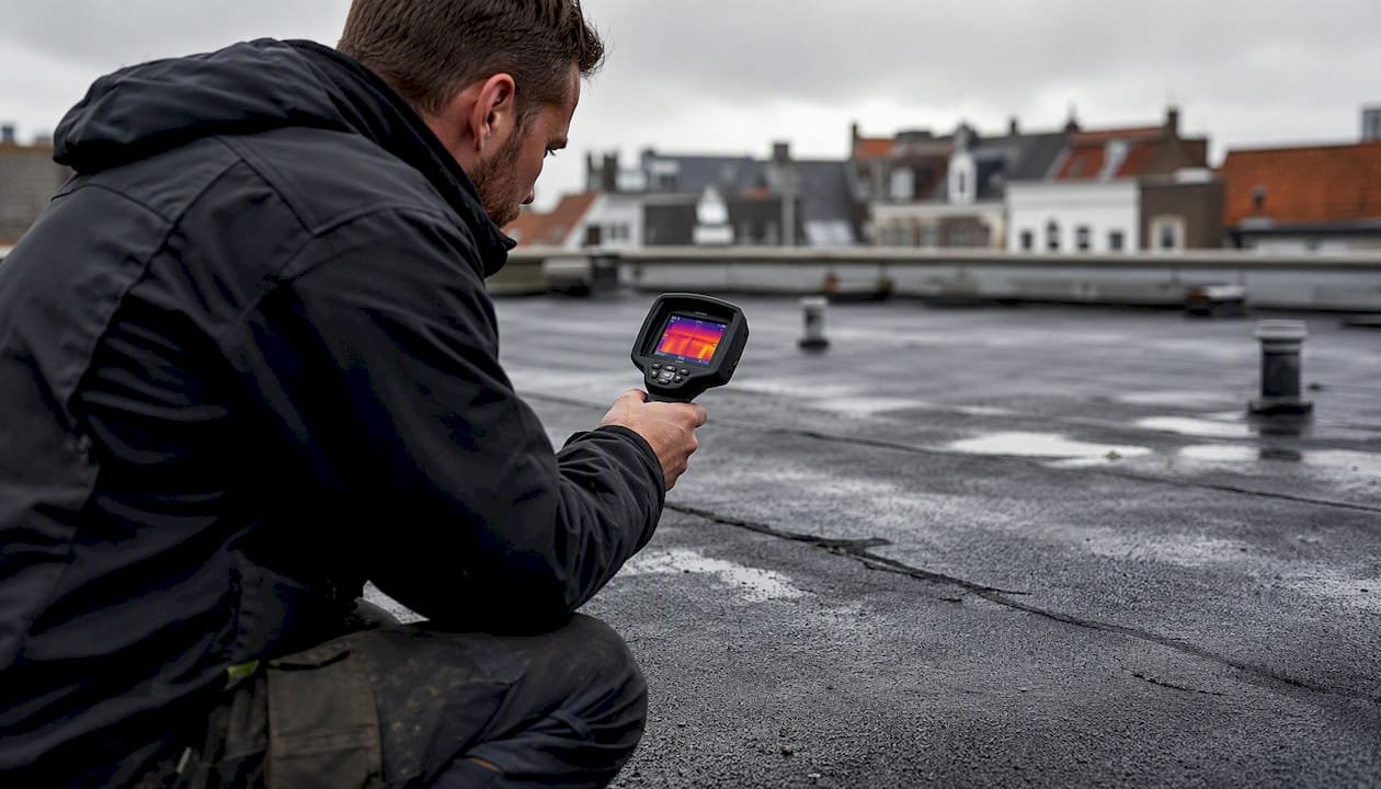 Dakdekker speurt naar lekkages met thermische camera op plat dak