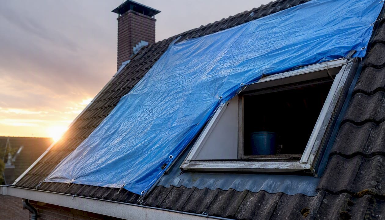 Een tijdelijk zeil over het dak gelegd om schade te beschermen.