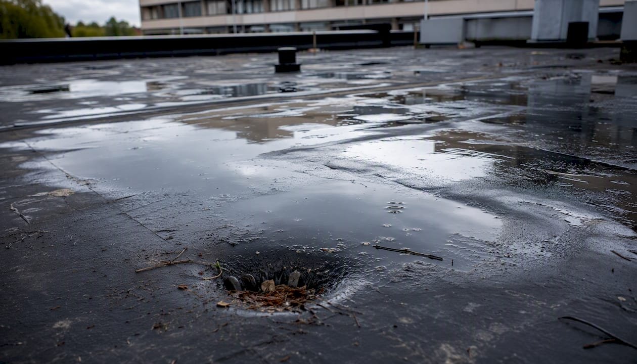 Waterplassen op een plat EPDM-dak