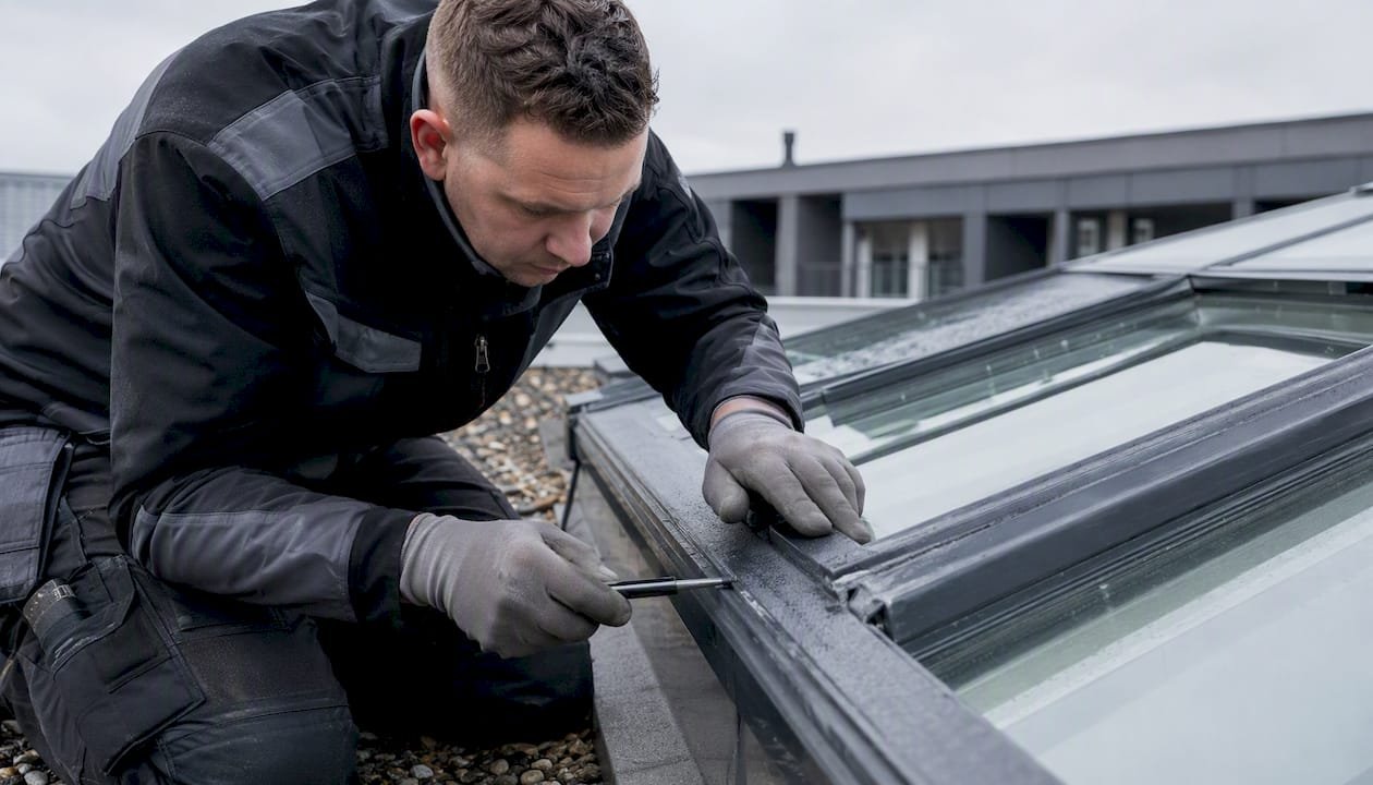 Een dakdekker inspecteert de kitnaden rondom de lichtstraat op het dak.