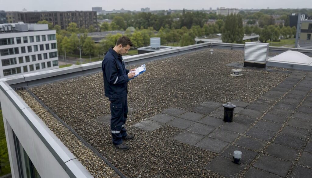 Een dakdekker controleert de staat van de dakpannen op een typisch Nederlands zadeldak.