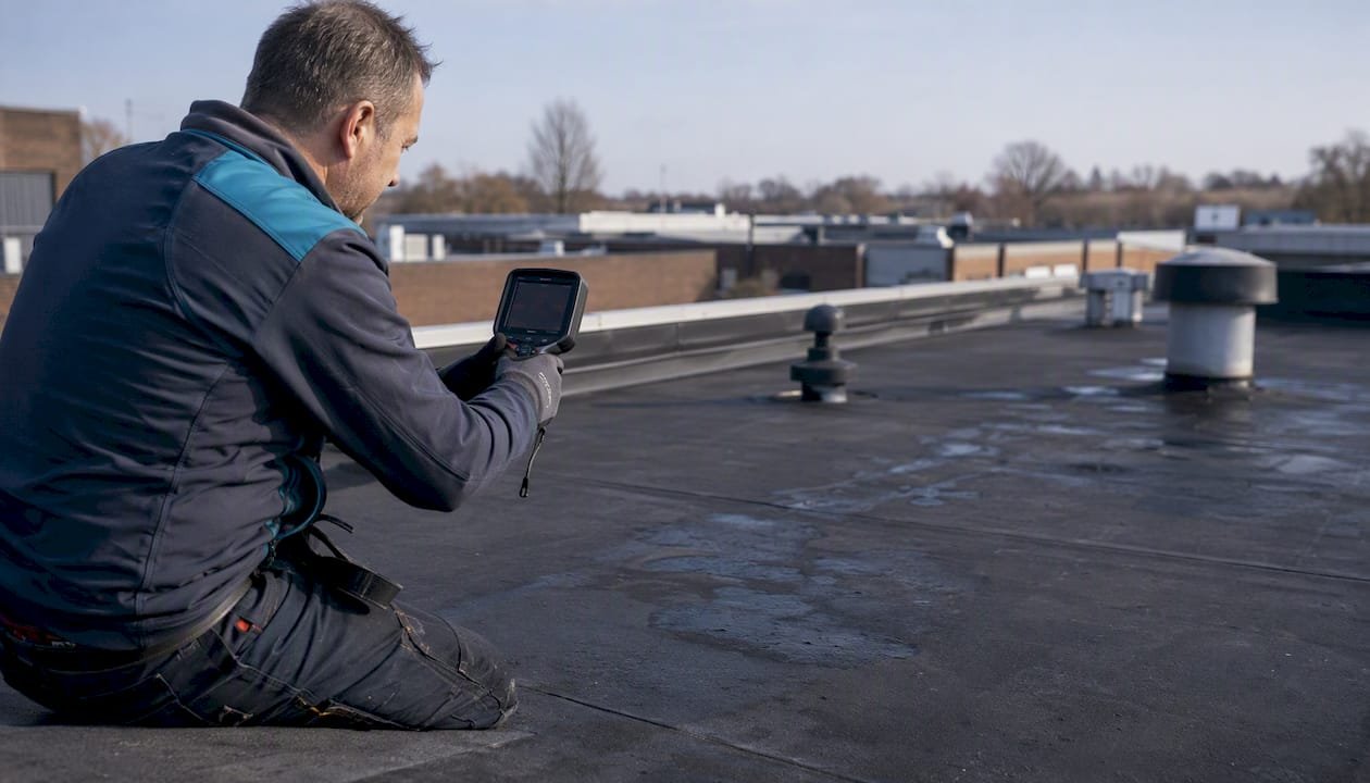 Een dakdekker inspecteert een plat dak met een warmtecamera om eventuele lekkages of zwakke plekken op te sporen.